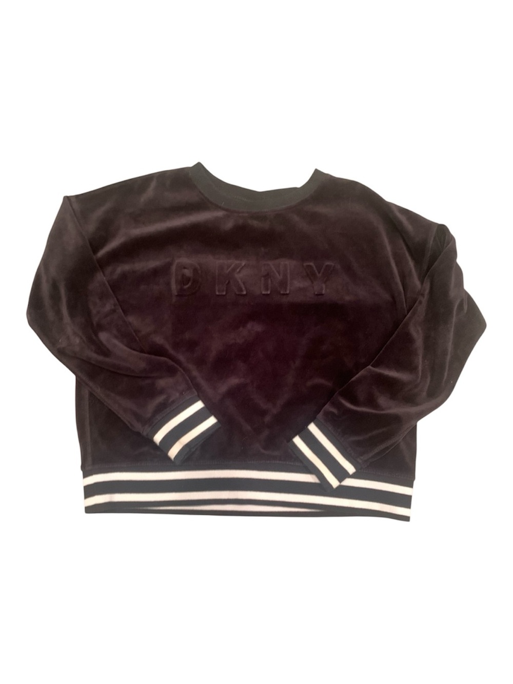 DKNY Black Velvet Logo Pullover with Striped Trim